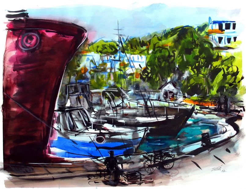 HAFEN VON ALONISSOS - Griechenland, Aquarell, 50 x 63,5 cm